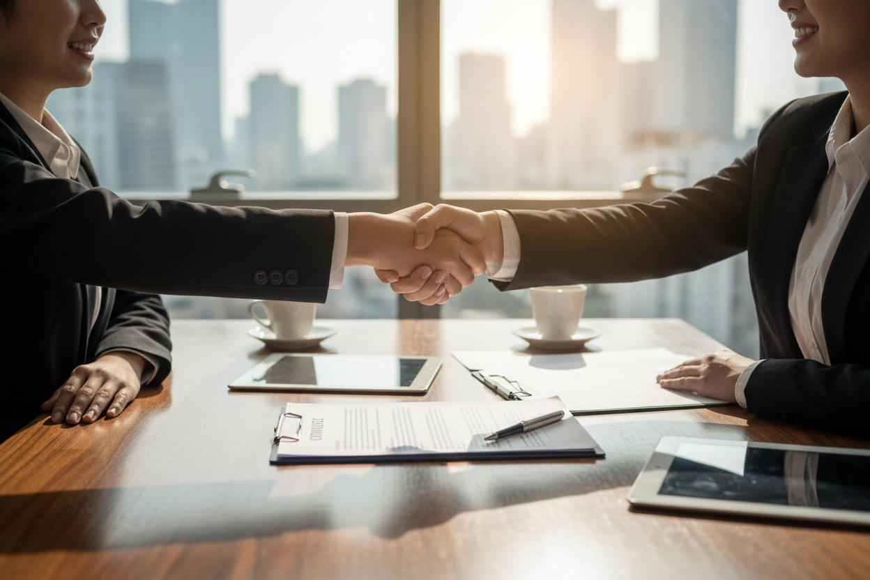 bild på handslag mellan två personer över ett kontrakt