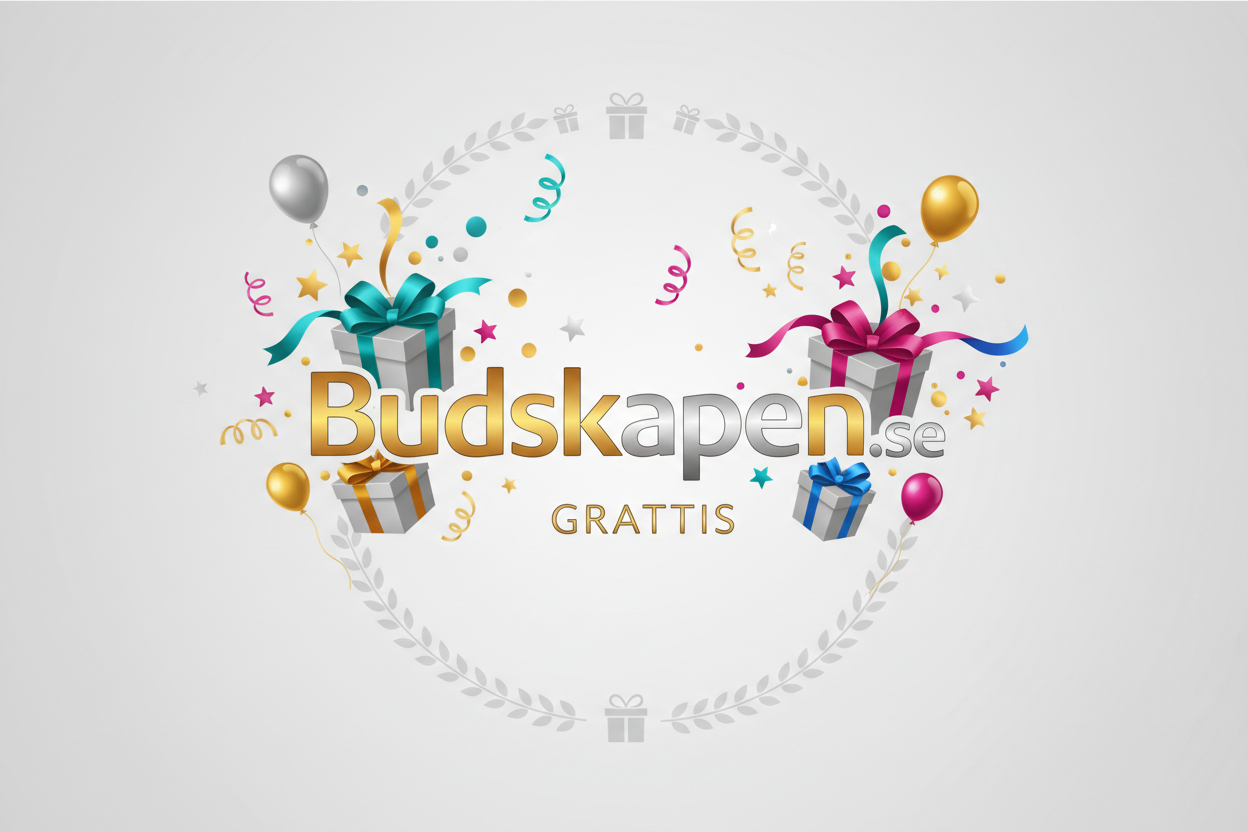 En bild med Budskapen.se logo samt med tema för gratulationer och presenter